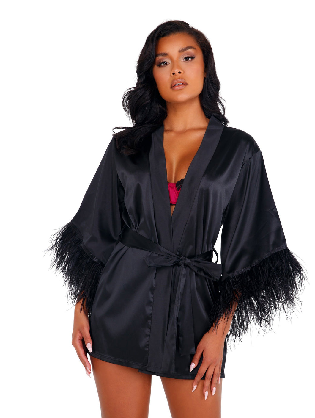 Soft Satin Robe with Ostrich Feathered Trim