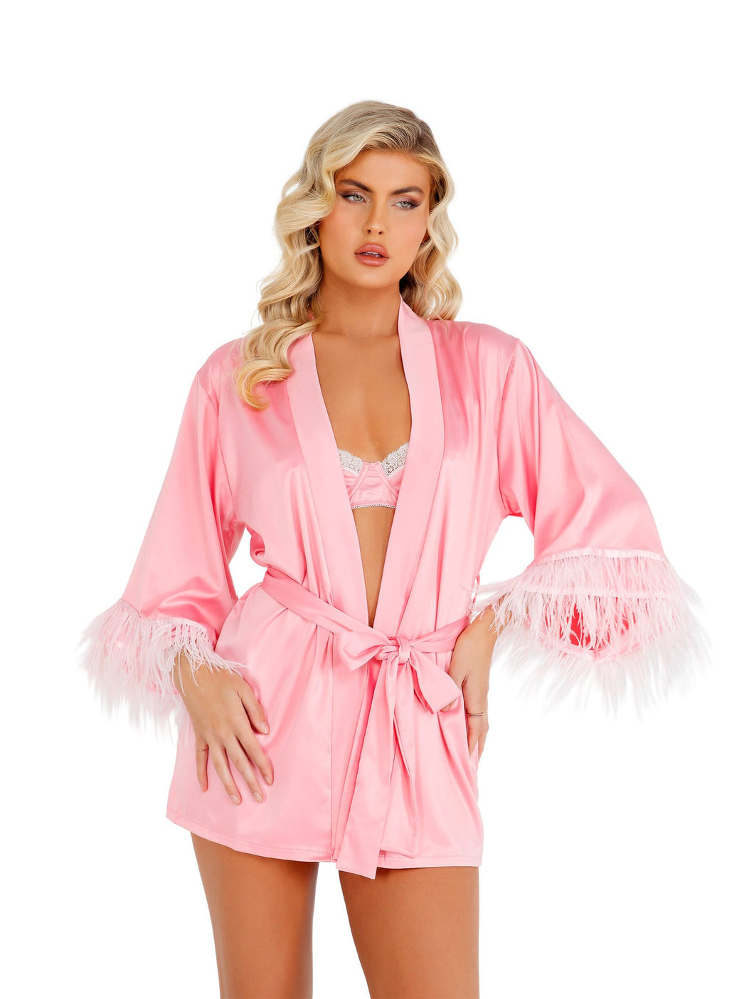 Soft Satin Robe with Ostrich Feathered Trim