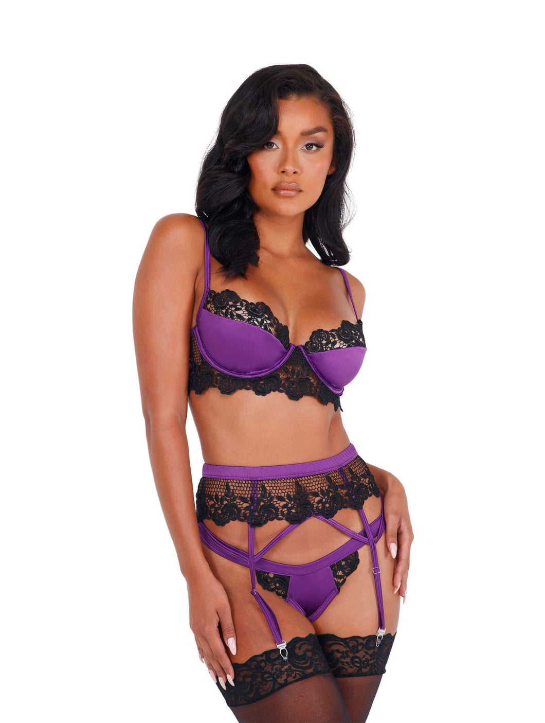 Amena 3pc Embroidered Lace & Satin Bralette Garter Set