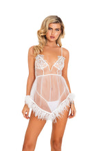 Load image into Gallery viewer, Tamara 2pc Bridal Corset Chemise with Ostrich Feather Trim &amp; Panty
