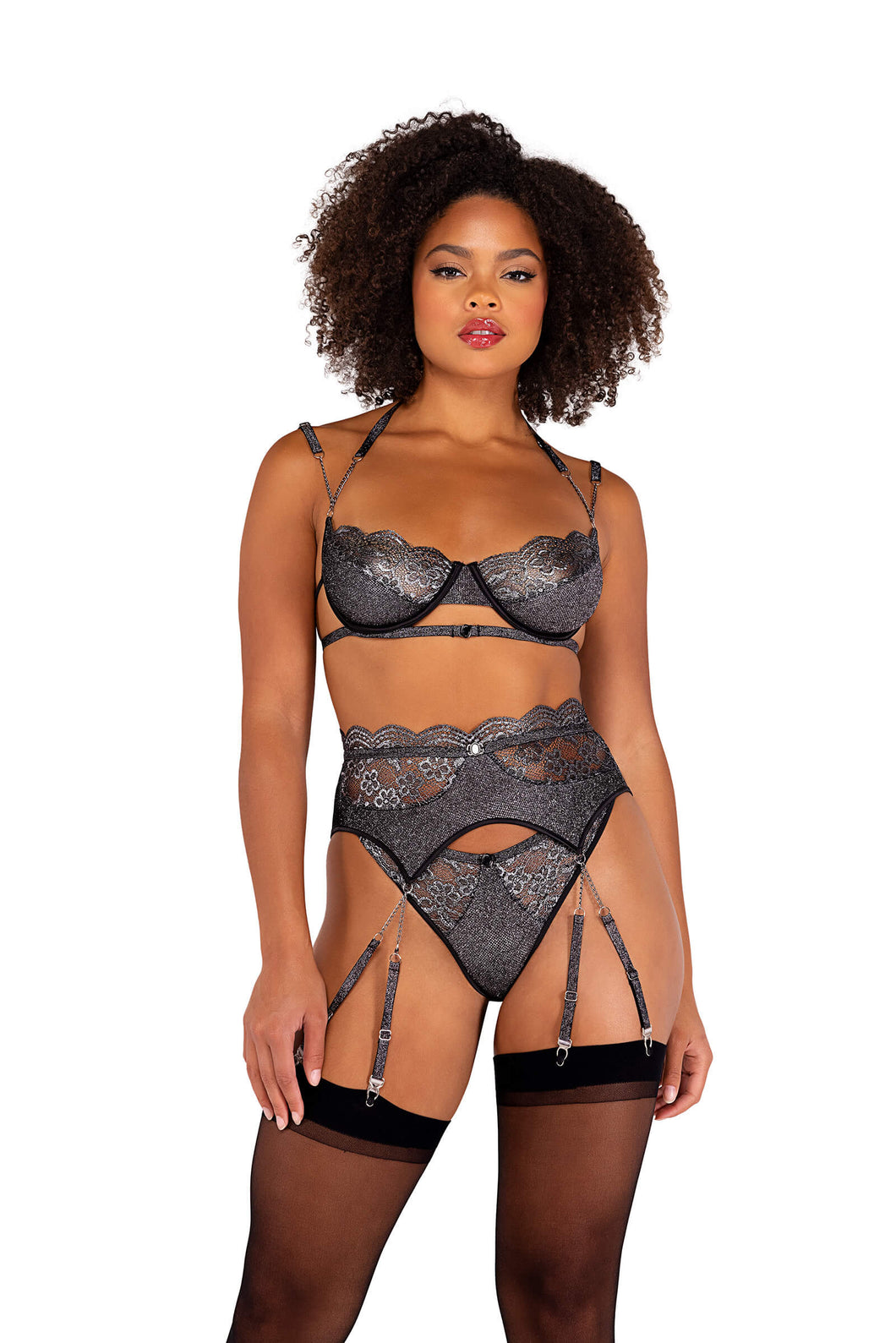 Zendaya 3PC Sparkle Chained Gartered Bra Set