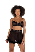 Load image into Gallery viewer, Sade 2PC Mesh Underwire Bralette &amp; Skirt Set with Faux Fur Detail
