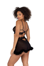 Load image into Gallery viewer, Sade 2PC Mesh Underwire Bralette &amp; Skirt Set with Faux Fur Detail
