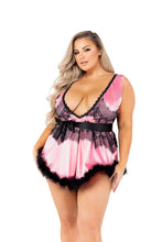 Load image into Gallery viewer, Sade 2PC Satin &amp; Lace Babydoll with Tie &amp; Faux Feather Detail
