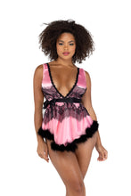 Load image into Gallery viewer, Sade 2PC Satin &amp; Lace Babydoll with Tie &amp; Faux Feather Detail
