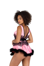 Load image into Gallery viewer, Sade 2PC Satin &amp; Lace Babydoll with Tie &amp; Faux Feather Detail
