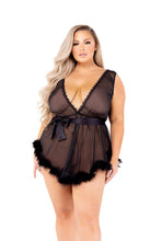 Load image into Gallery viewer, Low Cut Mesh Babydoll with Faux Fur Trim &amp; Satin Tie
