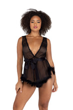 Load image into Gallery viewer, Low Cut Mesh Babydoll with Faux Fur Trim &amp; Satin Tie
