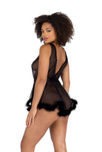 Load image into Gallery viewer, Low Cut Mesh Babydoll with Faux Fur Trim &amp; Satin Tie
