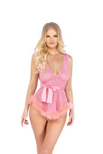 Load image into Gallery viewer, Low Cut Mesh Babydoll with Faux Fur Trim &amp; Satin Tie
