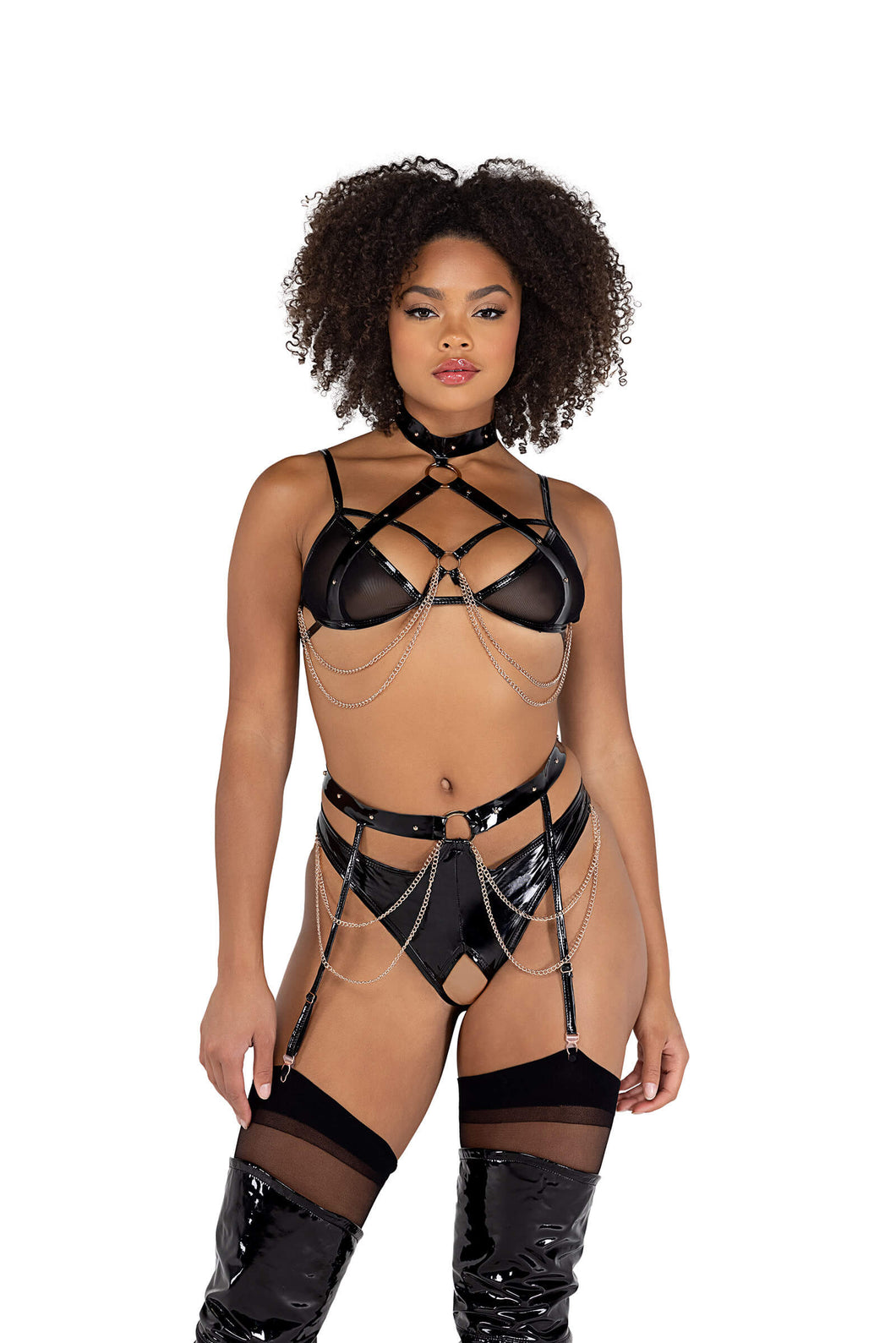 Ada 2PC Vinyl & Chain Crotchless Bra Set