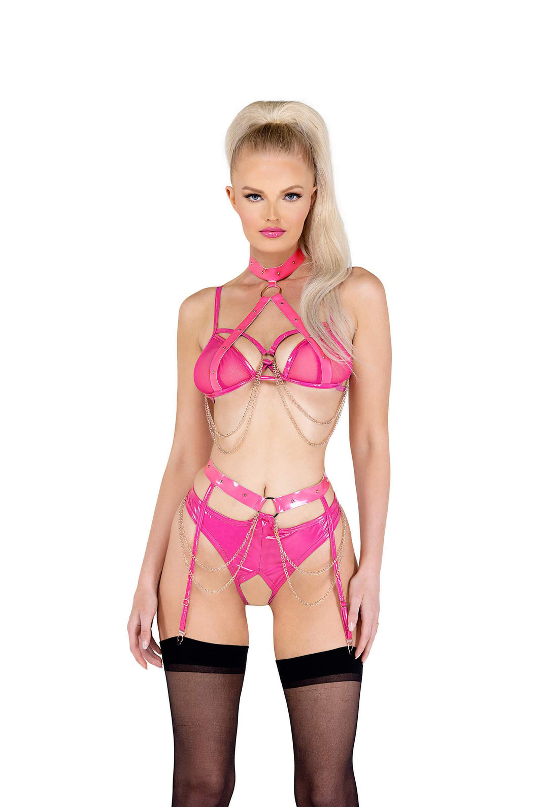 Ada 2PC Vinyl & Chain Crotchless Bra Set